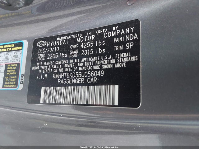 2011 Hyundai Genesis 2.0t მანქანა იყიდება აუქციონზე, vin: KMHHT6KD5BU056049, აუქციონის ნომერი: 46178929