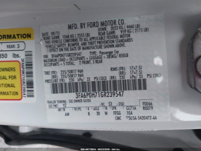Aukcja sprzedaży 2016 Ford Fusion Se, vin: 3FA6P0H71GR239547, numer aukcji: 46178934