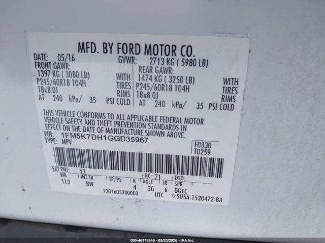 2016 Ford Explorer Xlt მანქანა იყიდება აუქციონზე, vin: 1FM5K7DH1GGD35967, აუქციონის ნომერი: 46178946