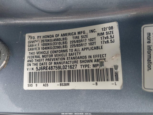 Продажа на аукционе авто 2009 Honda Cr-v Ex-l, vin: 5J6RE48759L021627, номер лота: 46178951