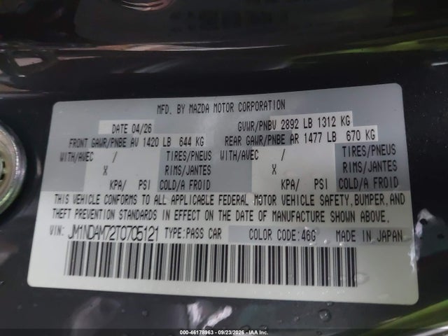 46178963 :رقم المزاد ، JM1NDAM72T0705121 vin ، 2026 Mazda Mx-5 Miata Rf Grand Touring مزاد بيع