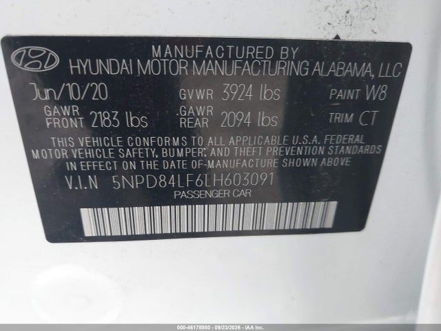 Продаж на аукціоні авто 2020 Hyundai Elantra Value Edition, vin: 5NPD84LF6LH603091, номер лоту: 46178980
