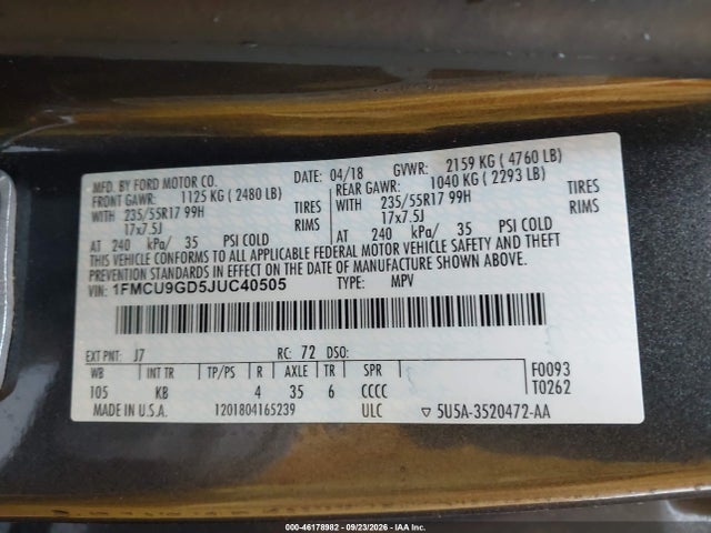Aukcja sprzedaży 2018 Ford Escape Se, vin: 1FMCU9GD5JUC40505, numer aukcji: 46178982