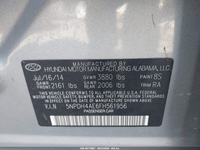 Aukcja sprzedaży 2015 Hyundai Elantra Se, vin: 5NPDH4AE6FH561956, numer aukcji: 46178987