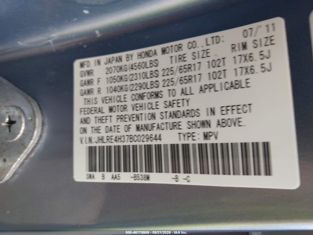 46178989 :رقم المزاد ، JHLRE4H37BC029644 vin ، 2011 Honda Cr-v Lx مزاد بيع