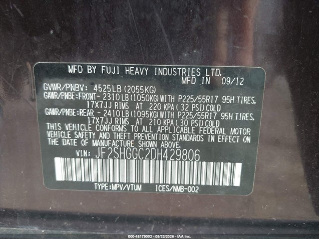 46179002 :رقم المزاد ، JF2SHGGC2DH429806 vin ، 2013 Subaru Forester 2.5xt Touring مزاد بيع