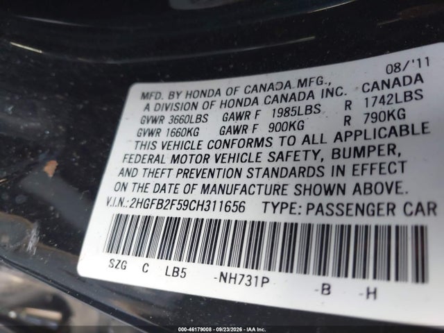Aukcja sprzedaży 2012 Honda Civic Lx, vin: 2HGFB2F59CH311656, numer aukcji: 46179008