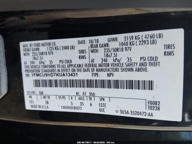 Продажа на аукционе авто 2019 Ford Escape Sel, vin: 1FMCU9HD7KUA13431, номер лота: 46179011