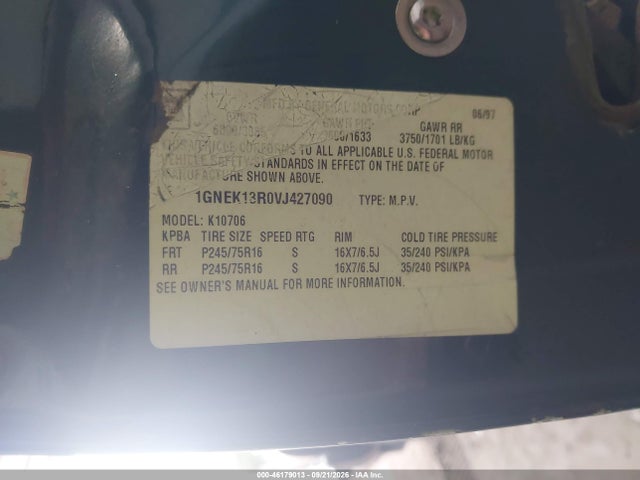 46179013 :رقم المزاد ، 1GNEK13R0VJ427090 vin ، 1997 Chevrolet Tahoe Ls مزاد بيع