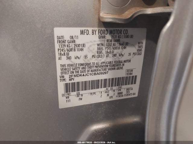 Aukcja sprzedaży 2012 Ford Edge Sel, vin: 2FMDK4JC1CBA09297, numer aukcji: 46179020