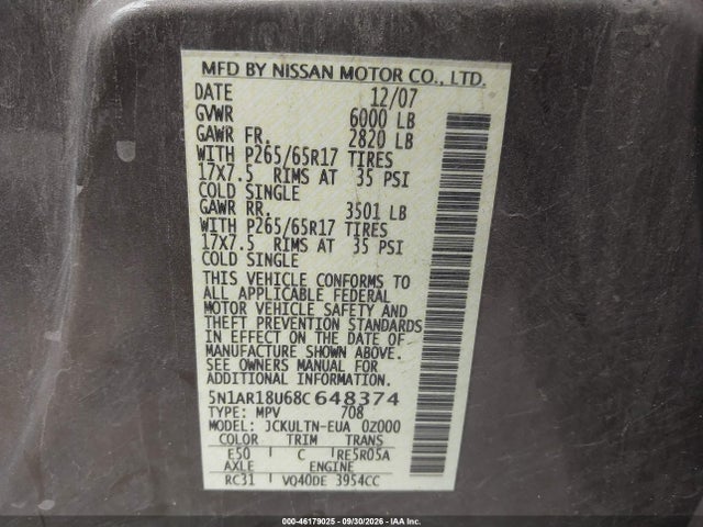 46179025 :رقم المزاد ، 5N1AR18U68C648374 vin ، 2008 Nissan Pathfinder Se مزاد بيع