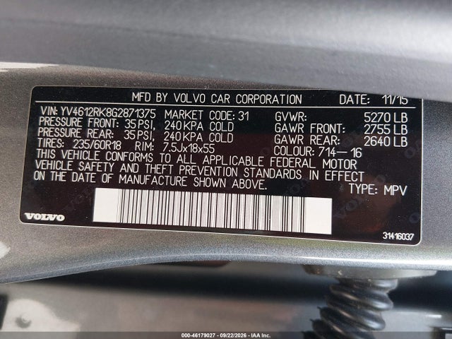 Aukcja sprzedaży 2016 Volvo Xc60 T5 Premier, vin: YV4612RK8G2871375, numer aukcji: 46179027