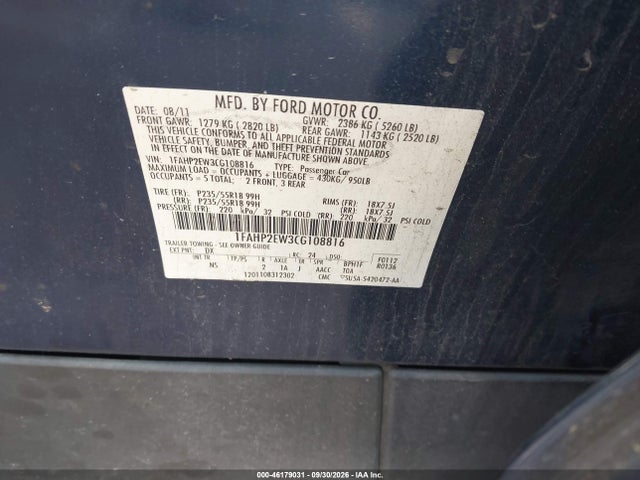 46179031 :رقم المزاد ، 1FAHP2EW3CG108816 vin ، 2012 Ford Taurus Sel مزاد بيع