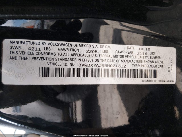 Продажа на аукционе авто 2011 Volkswagen Jetta 2.5l Se, vin: 3VWDX7AJ9BM021312, номер лота: 46179050