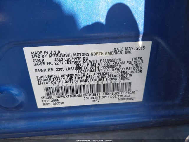 46179054 :رقم المزاد ، 4A4AP3AUXFE034955 vin ، 2015 Mitsubishi Outlander Sport Es مزاد بيع