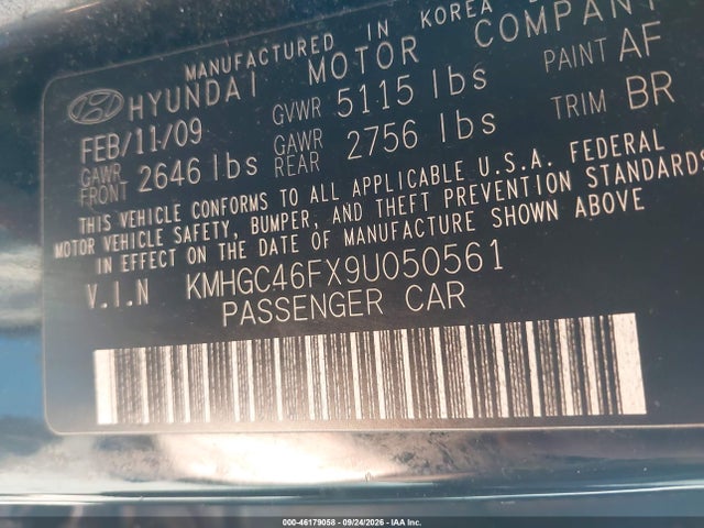 2009 Hyundai Genesis 4.6 მანქანა იყიდება აუქციონზე, vin: KMHGC46FX9U050561, აუქციონის ნომერი: 46179058