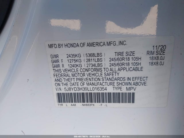 Aukcja sprzedaży 2020 Acura Mdx Standard, vin: 5J8YD3H39LL016354, numer aukcji: 46179076