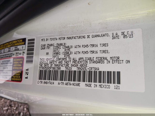 2023 Toyota Tacoma 2wd Sr მანქანა იყიდება აუქციონზე, vin: 3TYRX5GN3PT081508, აუქციონის ნომერი: 46179081