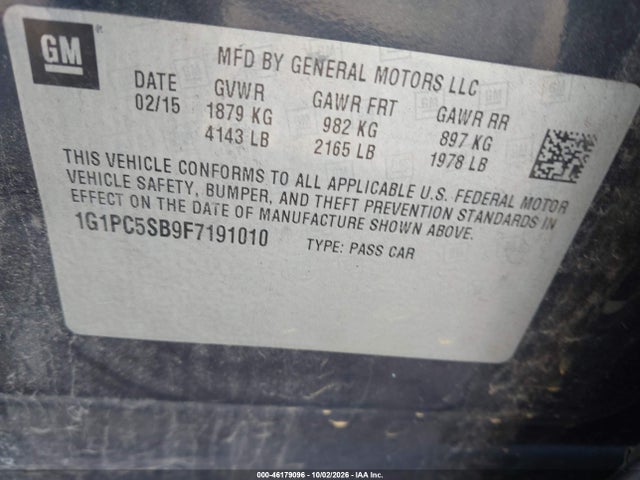 Aukcja sprzedaży 2015 Chevrolet Cruze 1lt Auto, vin: 1G1PC5SB9F7191010, numer aukcji: 46179096