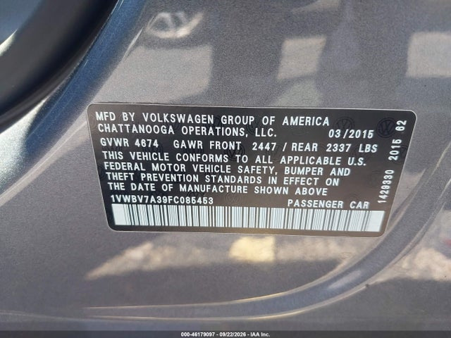 2015 Volkswagen Passat 2.0l Tdi Se მანქანა იყიდება აუქციონზე, vin: 1VWBV7A39FC085453, აუქციონის ნომერი: 46179097