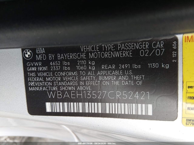 46179106 :رقم المزاد ، WBAEH13527CR52421 vin ، 2007 Bmw 650i مزاد بيع