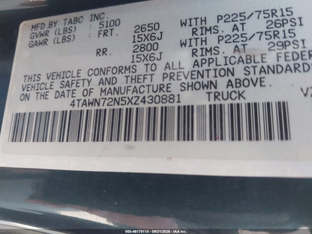 46179114 :رقم المزاد ، 4TAWN72N5XZ430881 vin ، 1999 Toyota Tacoma مزاد بيع