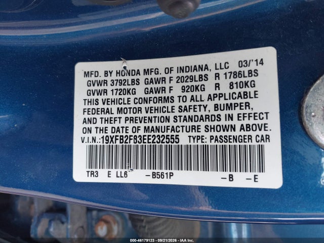 Honda CIVIC EX 2014 19XFB2F83EE232555 Image 9