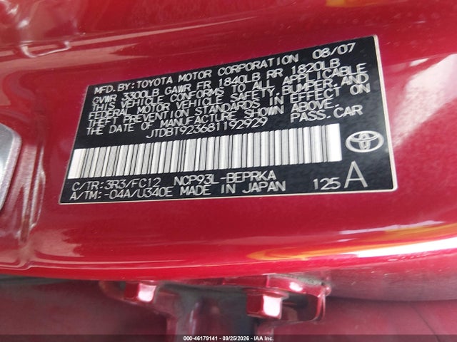 46179141 :رقم المزاد ، JTDBT923681192929 vin ، 2008 Toyota Yaris مزاد بيع