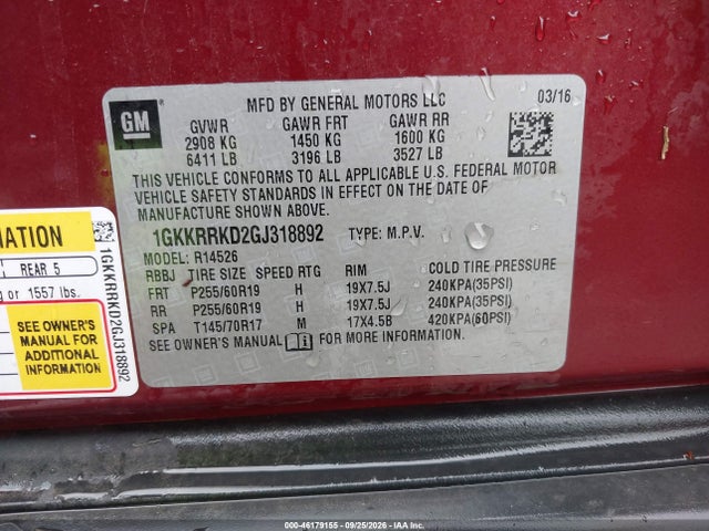 2016 Gmc Acadia Slt-1 მანქანა იყიდება აუქციონზე, vin: 1GKKRRKD2GJ318892, აუქციონის ნომერი: 46179155
