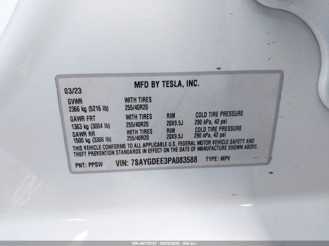 Продаж на аукціоні авто 2023 Tesla Model Y Awd/long Range Dual Motor All-wheel Drive, vin: 7SAYGDEE3PA083588, номер лоту: 46179167