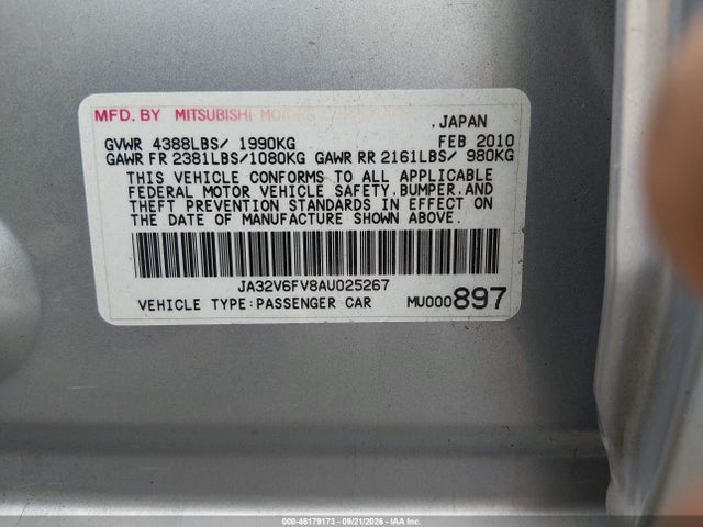 Продаж на аукціоні авто 2010 Mitsubishi Lancer Ralliart, vin: JA32V6FV8AU025267, номер лоту: 46179173