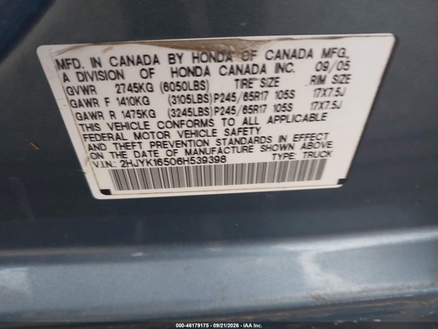 Продаж на аукціоні авто 2006 Honda Ridgeline Rtl, vin: 2HJYK16506H539398, номер лоту: 46179175