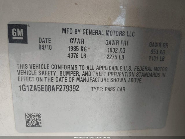 Продажа на аукционе авто 2010 Chevrolet Malibu Ls, vin: 1G1ZA5E08AF279392, номер лота: 46179176