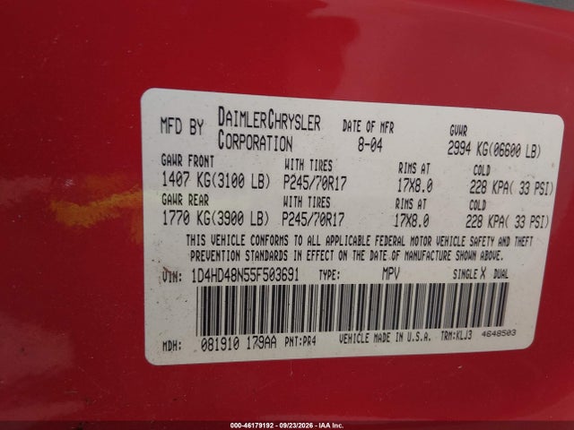 46179192 :رقم المزاد ، 1D4HD48N55F503691 vin ، 2005 Dodge Durango Slt مزاد بيع