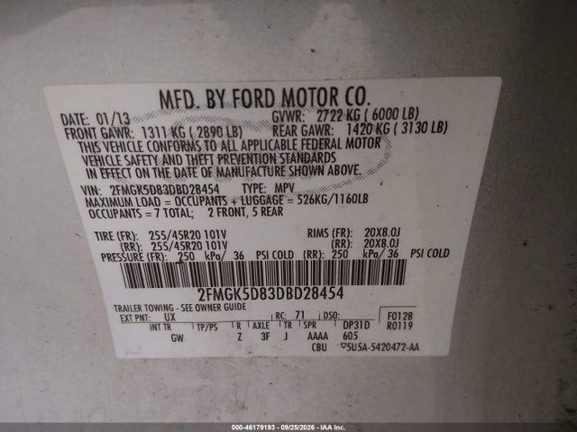2013 Ford Flex Limited მანქანა იყიდება აუქციონზე, vin: 2FMGK5D83DBD28454, აუქციონის ნომერი: 46179193