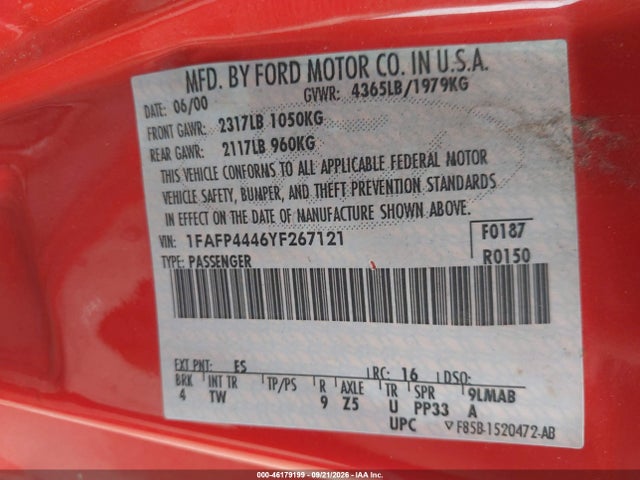 46179199 :رقم المزاد ، 1FAFP4446YF267121 vin ، 2000 Ford Mustang مزاد بيع