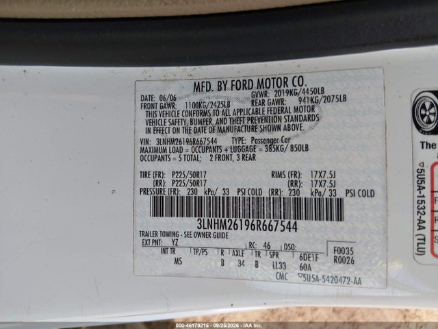 46179215 :رقم المزاد ، 3LNHM26196R667544 vin ، 2006 Lincoln Zephyr مزاد بيع