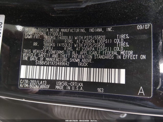 Продаж на аукціоні авто 2007 Toyota Tundra Limited 5.7l V8, vin: 5TBBV581X7S489642, номер лоту: 46179229
