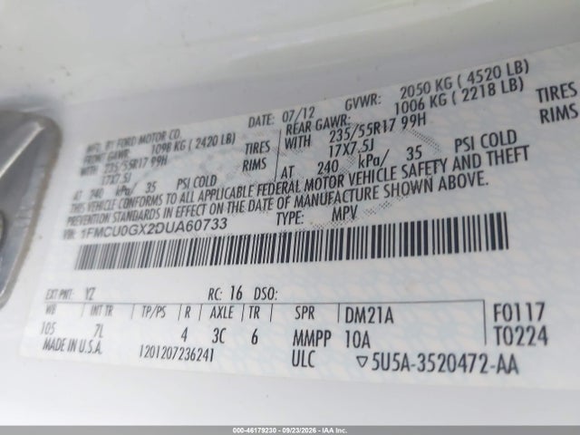 Aukcja sprzedaży 2013 Ford Escape Se, vin: 1FMCU0GX2DUA60733, numer aukcji: 46179230