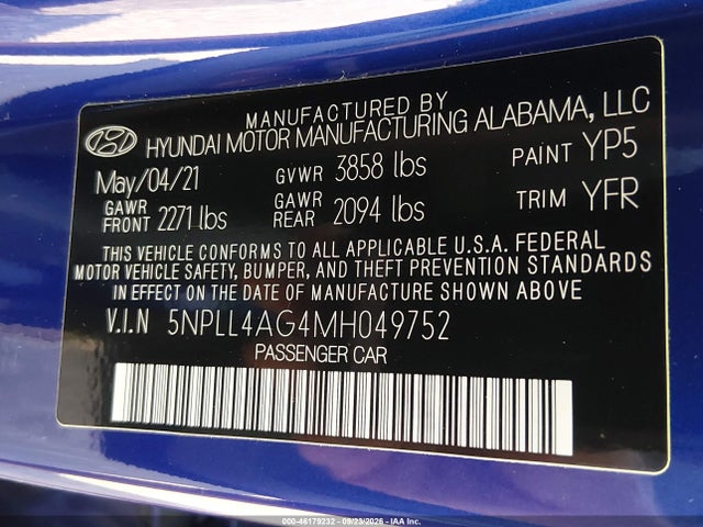 2021 Hyundai Elantra Se მანქანა იყიდება აუქციონზე, vin: 5NPLL4AG4MH049752, აუქციონის ნომერი: 46179232