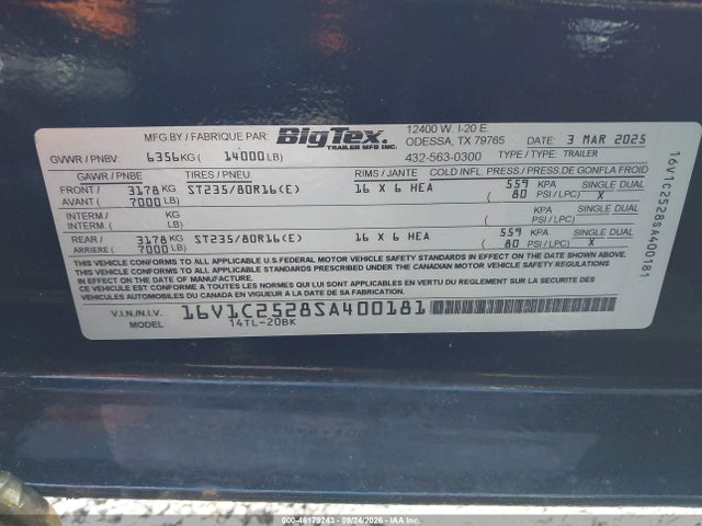 Продажа на аукционе авто 2025 Big Tex Trailer Co Inc Unknown, vin: 16V1C2528SA400181, номер лота: 46179243