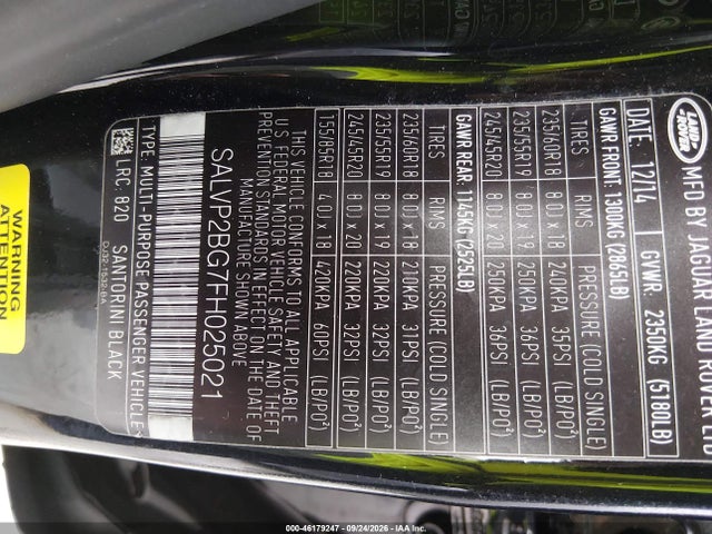 46179247 :رقم المزاد ، SALVP2BG7FH025021 vin ، 2015 Land Rover Range Rover Evoque Pure مزاد بيع
