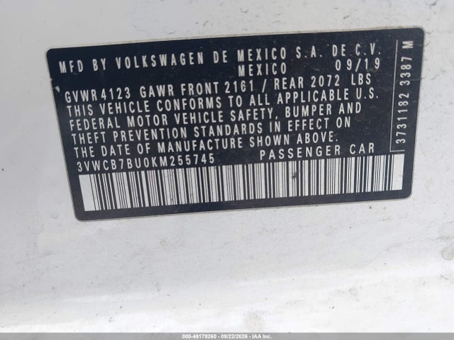 46179260 :رقم المزاد ، 3VWCB7BU0KM255745 vin ، 2019 Volkswagen Jetta 1.4t R-line/1.4t S/1.4t Se مزاد بيع