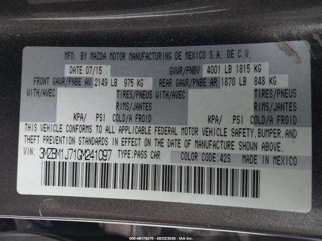 Aukcja sprzedaży 2016 Mazda Mazda3 I Sport, vin: 3MZBM1J71GM241097, numer aukcji: 46179270
