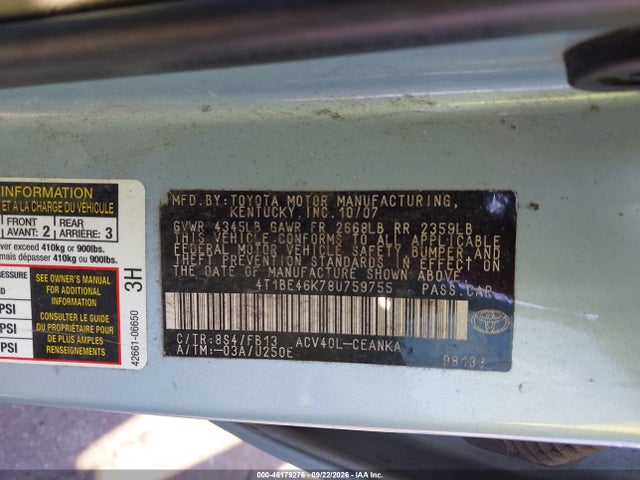 46179276 :رقم المزاد ، 4T1BE46K78U759755 vin ، 2008 Toyota Camry Le مزاد بيع