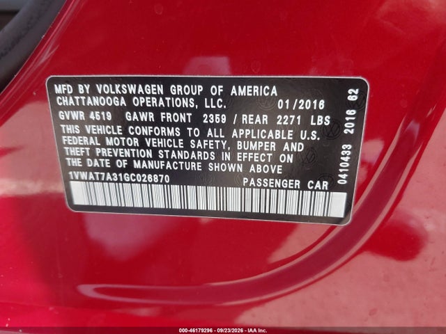 46179296 :رقم المزاد ، 1VWAT7A31GC026870 vin ، 2016 Volkswagen Passat 1.8t S مزاد بيع