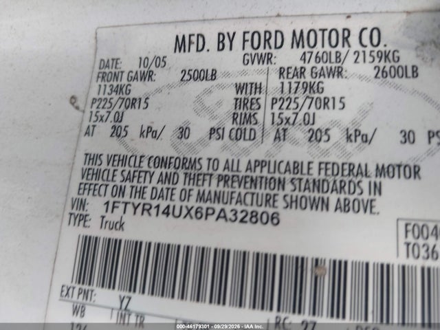 Продаж на аукціоні авто 2006 Ford Ranger Sport/stx/xl/xlt, vin: 1FTYR14UX6PA32806, номер лоту: 46179301