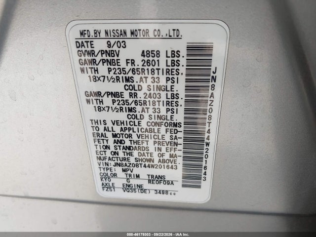 46179303 :رقم المزاد ، JN8AZ08T44W201643 vin ، 2004 Nissan Murano Se مزاد بيع