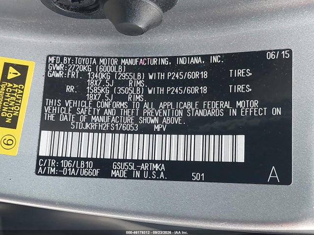 Aukcja sprzedaży 2015 Toyota Highlander Xle V6, vin: 5TDJKRFH2FS176053, numer aukcji: 46179312