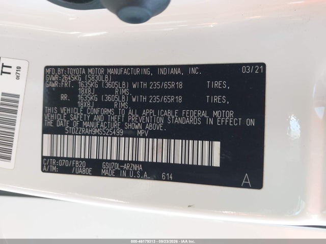 Toyota Highlander Le 2021 5TDZZRAH9MS525499 Image 9